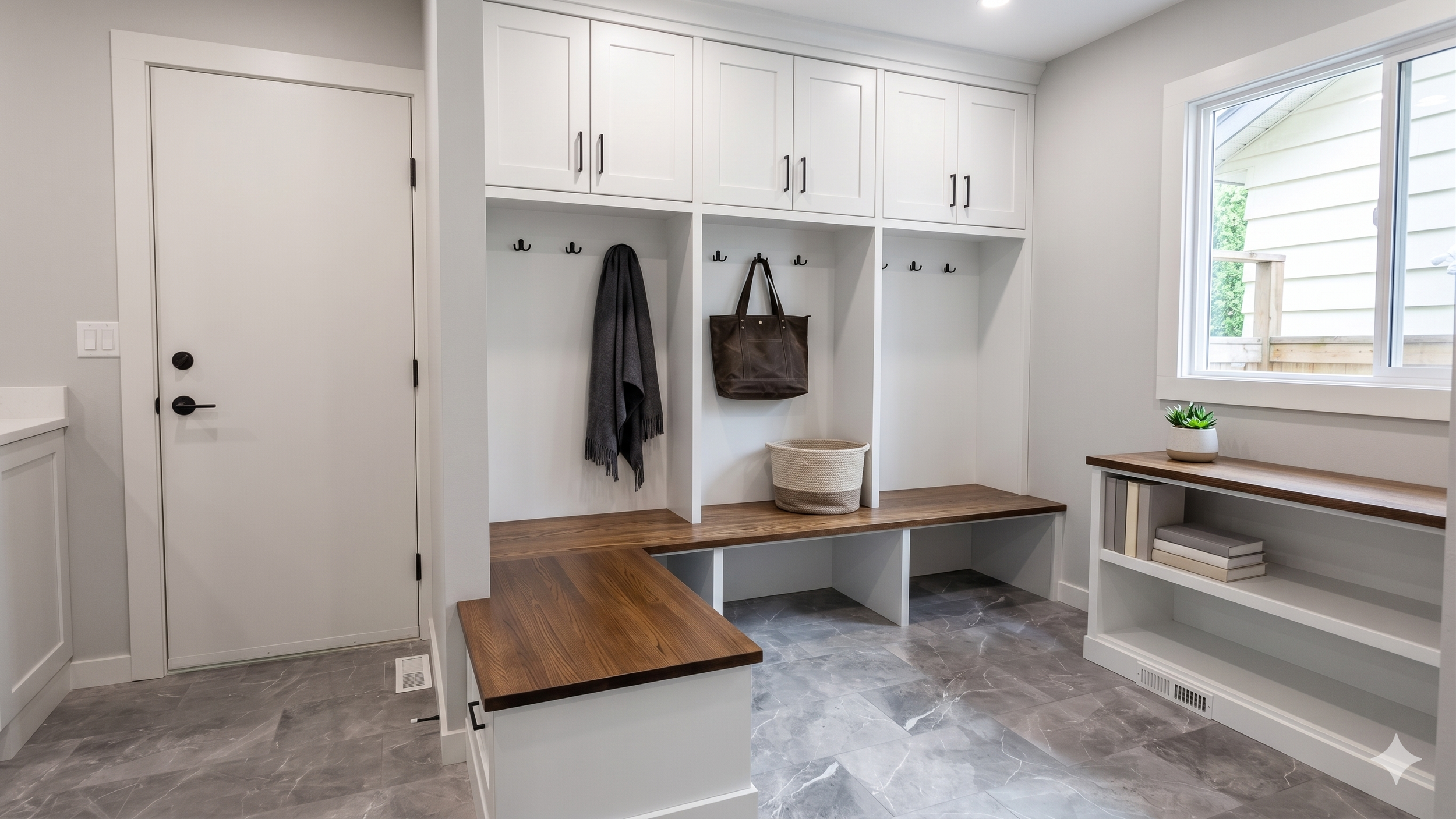 Modern mudroom with white cabinets, hooks with hanging clothes and bags, a wooden bench, and a window with a small potted plant on a shelf below.