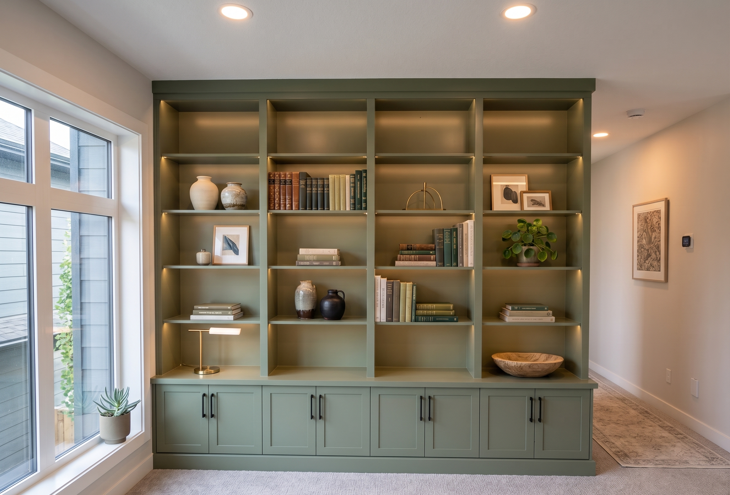 A green bookshelf with decorative vases, framed art, and books, situated in a bright room next to a large window and a sliding glass door.