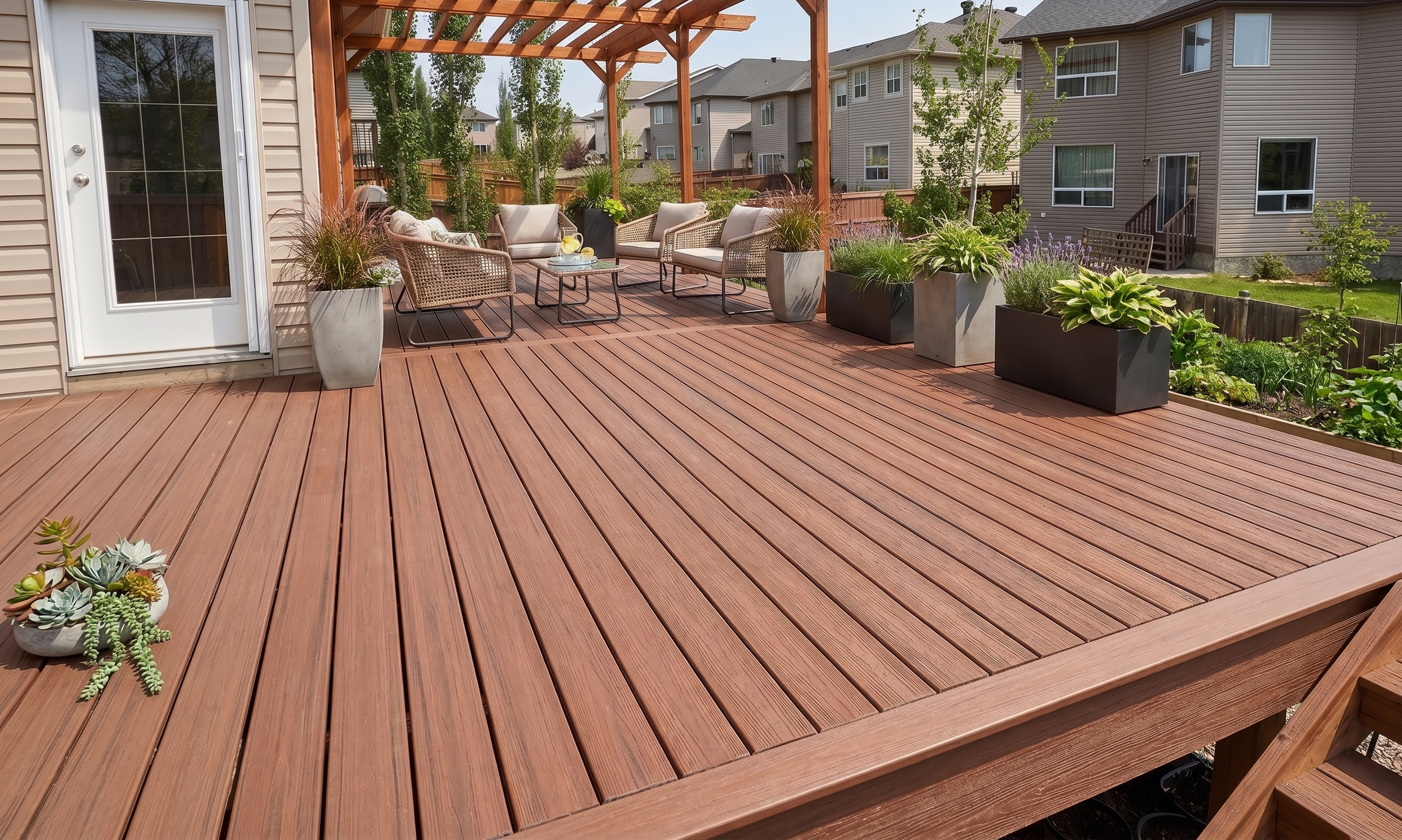 A wooden deck patio with outdoor seating and potted plants, attached to a house in a suburban neighborhood.