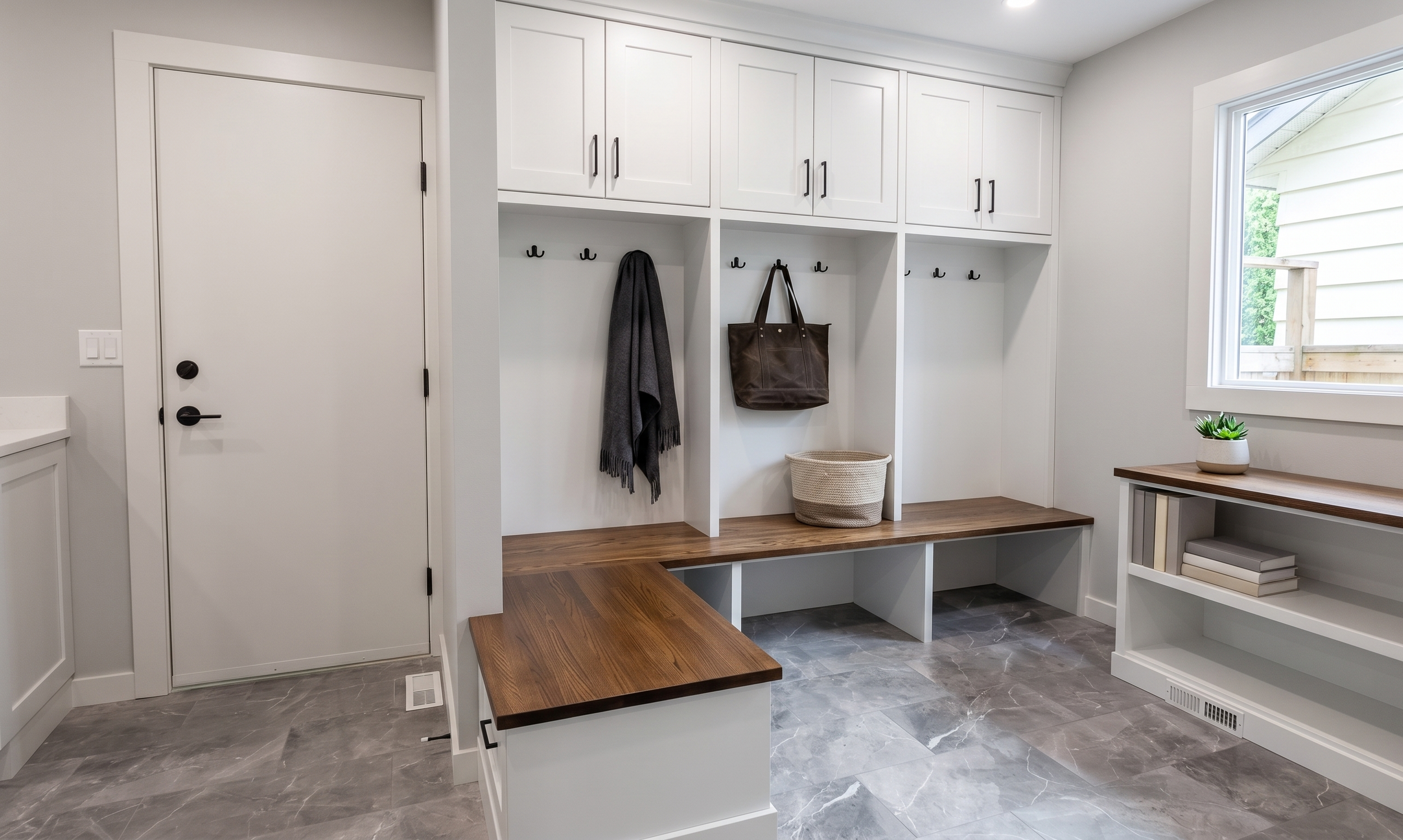 A modern mudroom with white cabinetry, hooks with a gray scarf and brown bag, wooden bench, a woven basket, a small table with a potted plant, and a window with a view of a wooden fence outside.