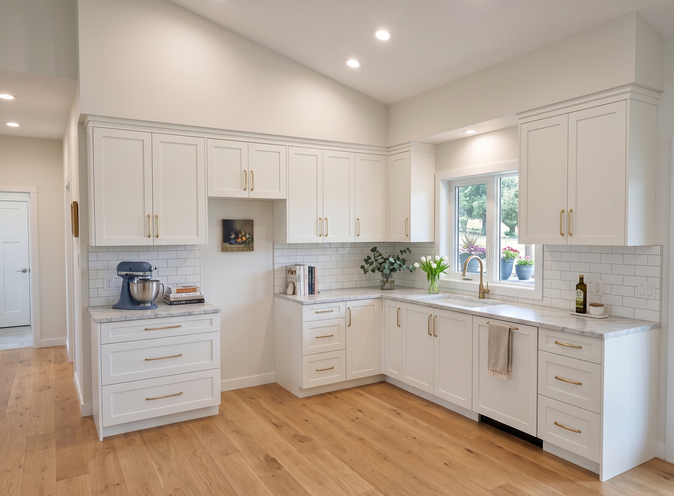 Bright white kitchen with cabinets, marble countertops, and a window with views of green trees and flowers outside.