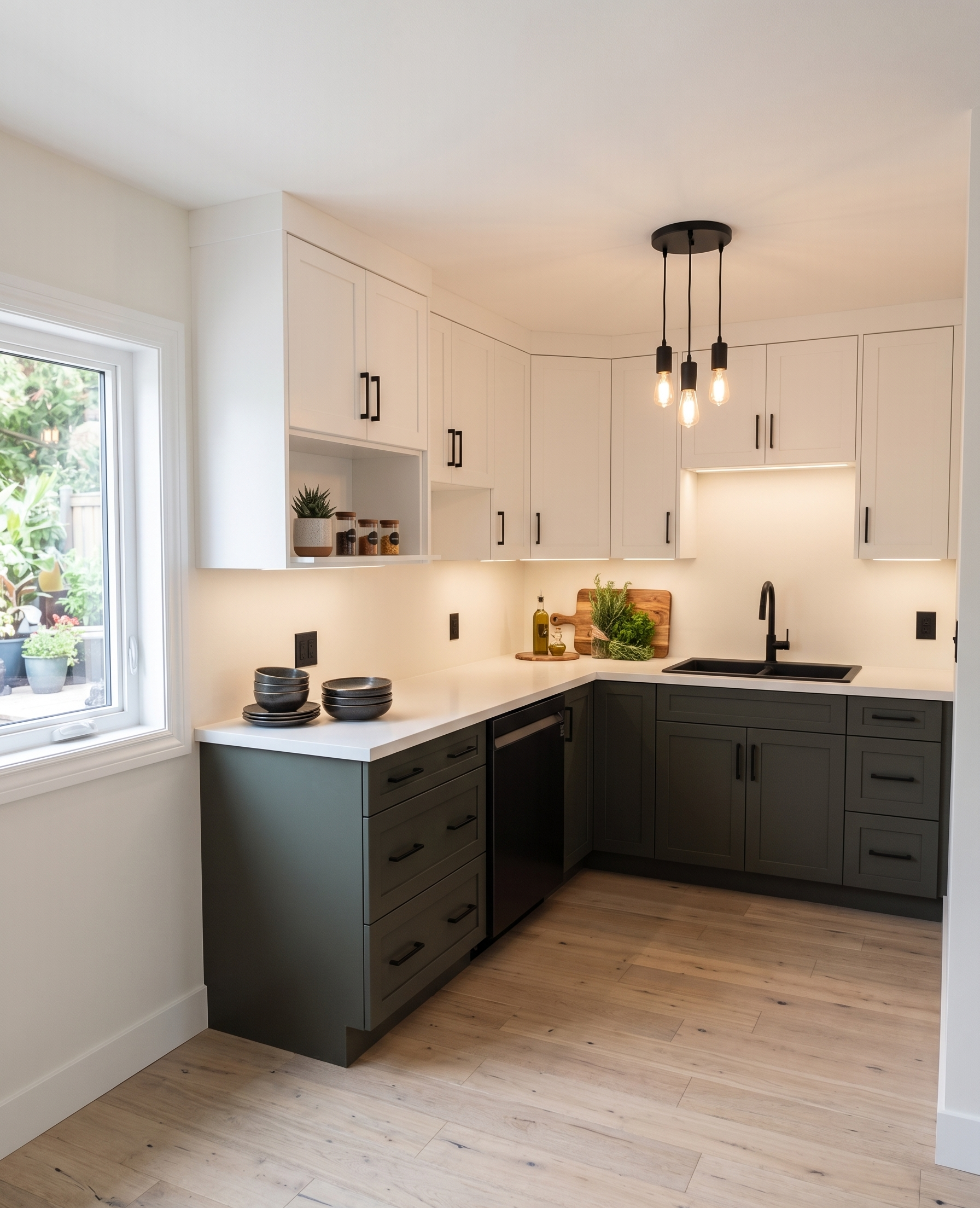 Modern kitchen with white upper cabinets, dark lower cabinets, black faucet, light wood flooring, and a hanging light fixture with three Edison bulbs.