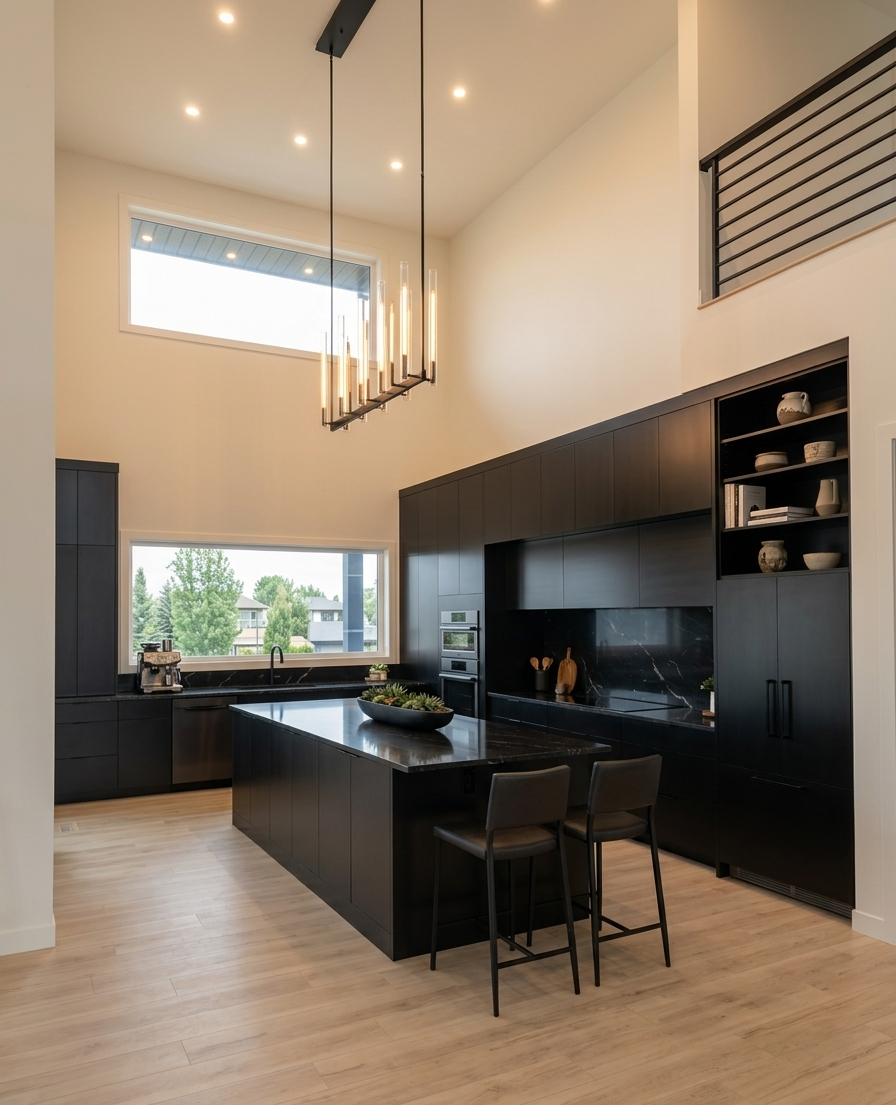 Modern kitchen with black cabinetry, a black kitchen island, light wood flooring, large windows, and a high ceiling with hanging light fixture.