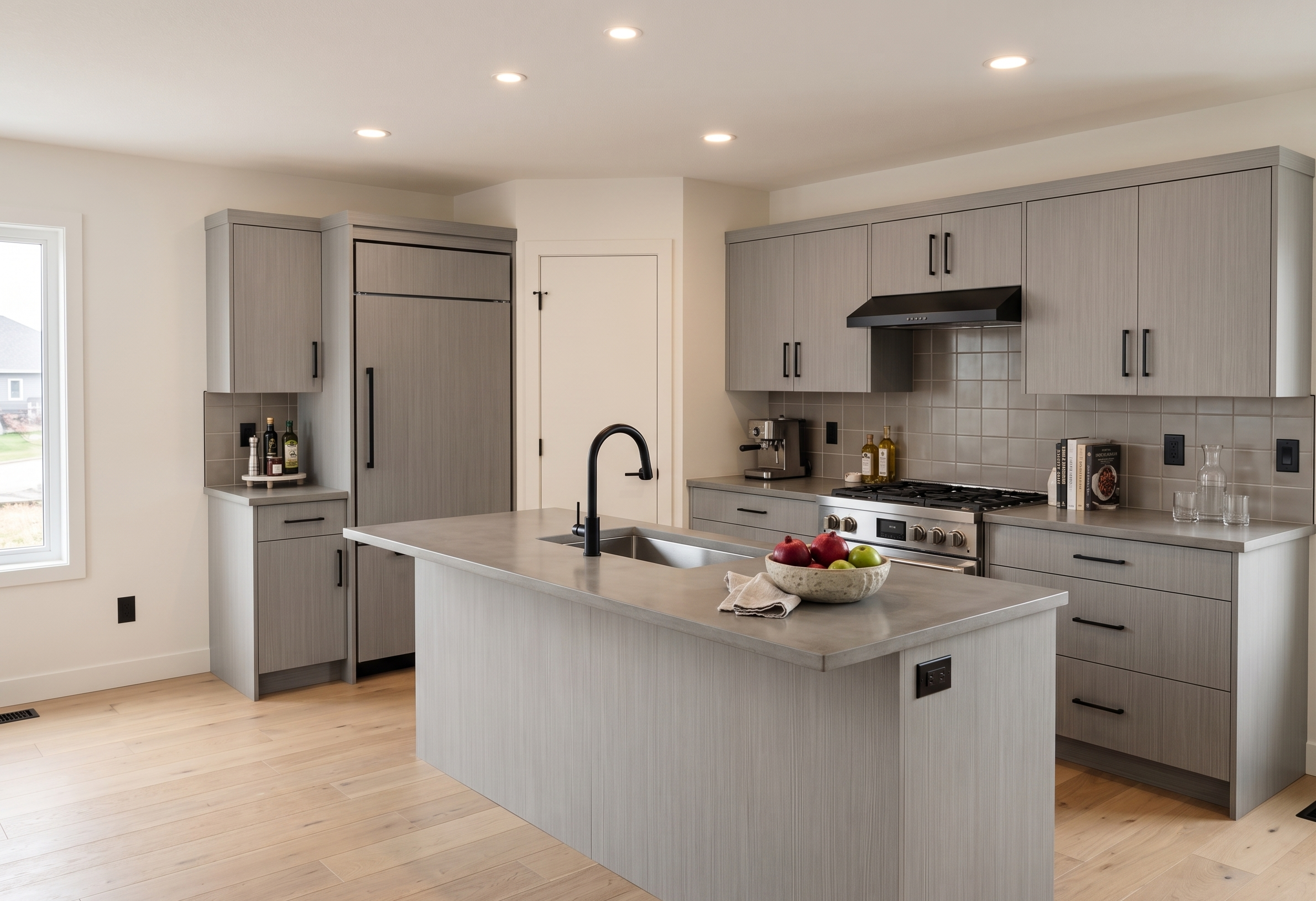 Modern kitchen with gray cabinets, a white island with black faucet, a stove, and a bowl of apples.