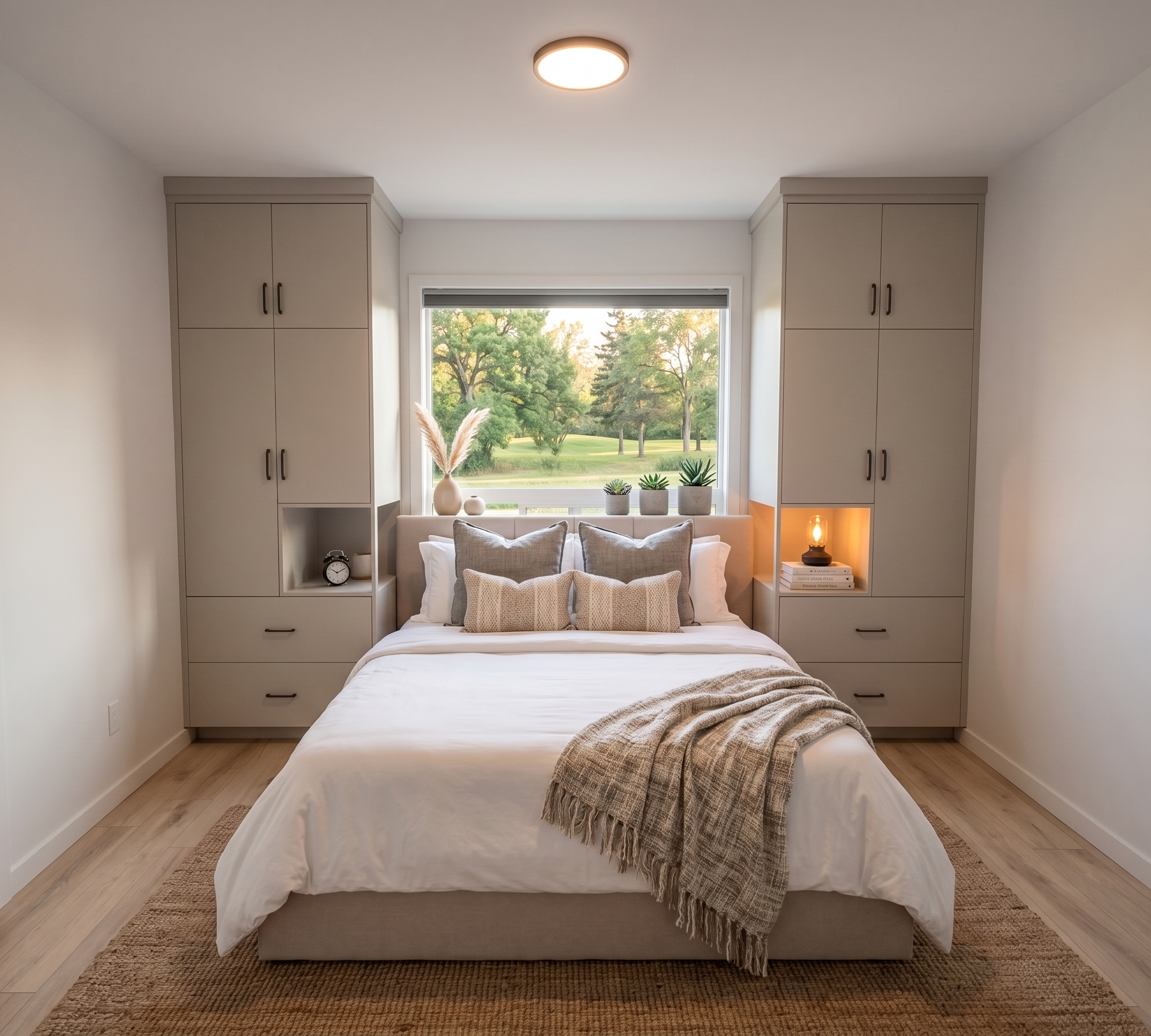 A cozy bedroom with a bed in the foreground, a large window with a view of trees outside, and built-in cabinetry flanking the window. The bedding includes white sheets and beige throw pillows, with a beige throw blanket at the foot of the bed. A smal