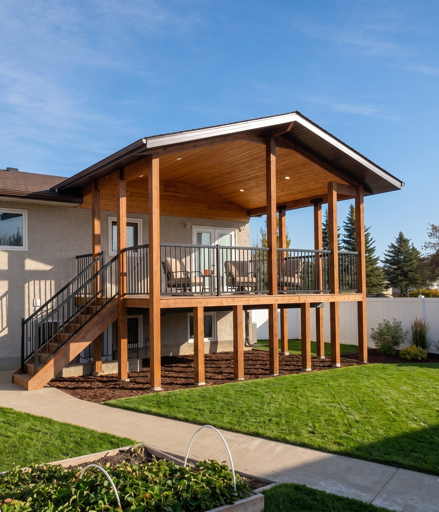 Backyard with a raised deck featuring wooden posts and black railing, stairs leading to the grass, and a house with beige exterior walls and white trim, surrounded by green lawn and trees under a clear blue sky.