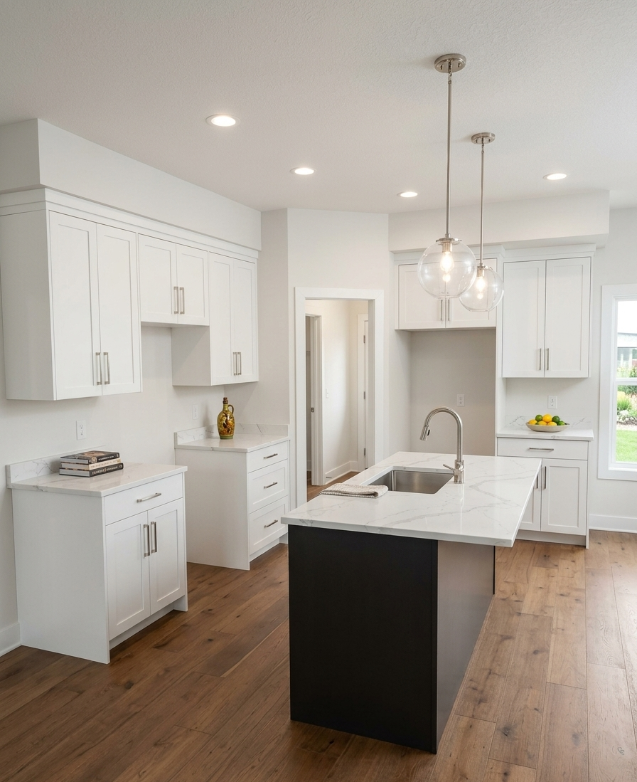 Modern kitchen with white cabinets, a white marble island with a black base, pendant lights, and wood flooring.