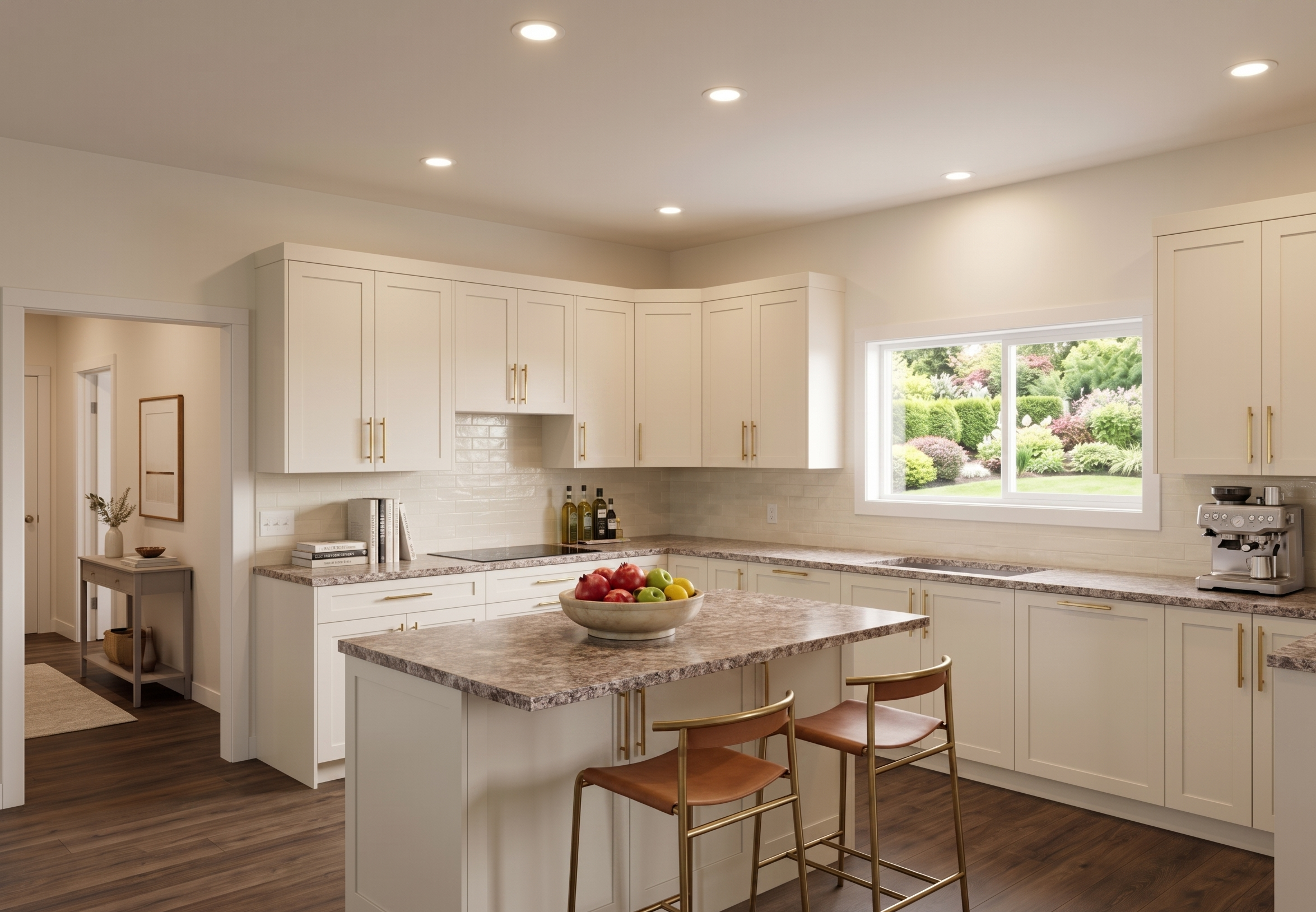 A modern kitchen with white cabinetry, granite countertops, a window showing a lush garden outside, a bowl of apples on the island, and barstools.