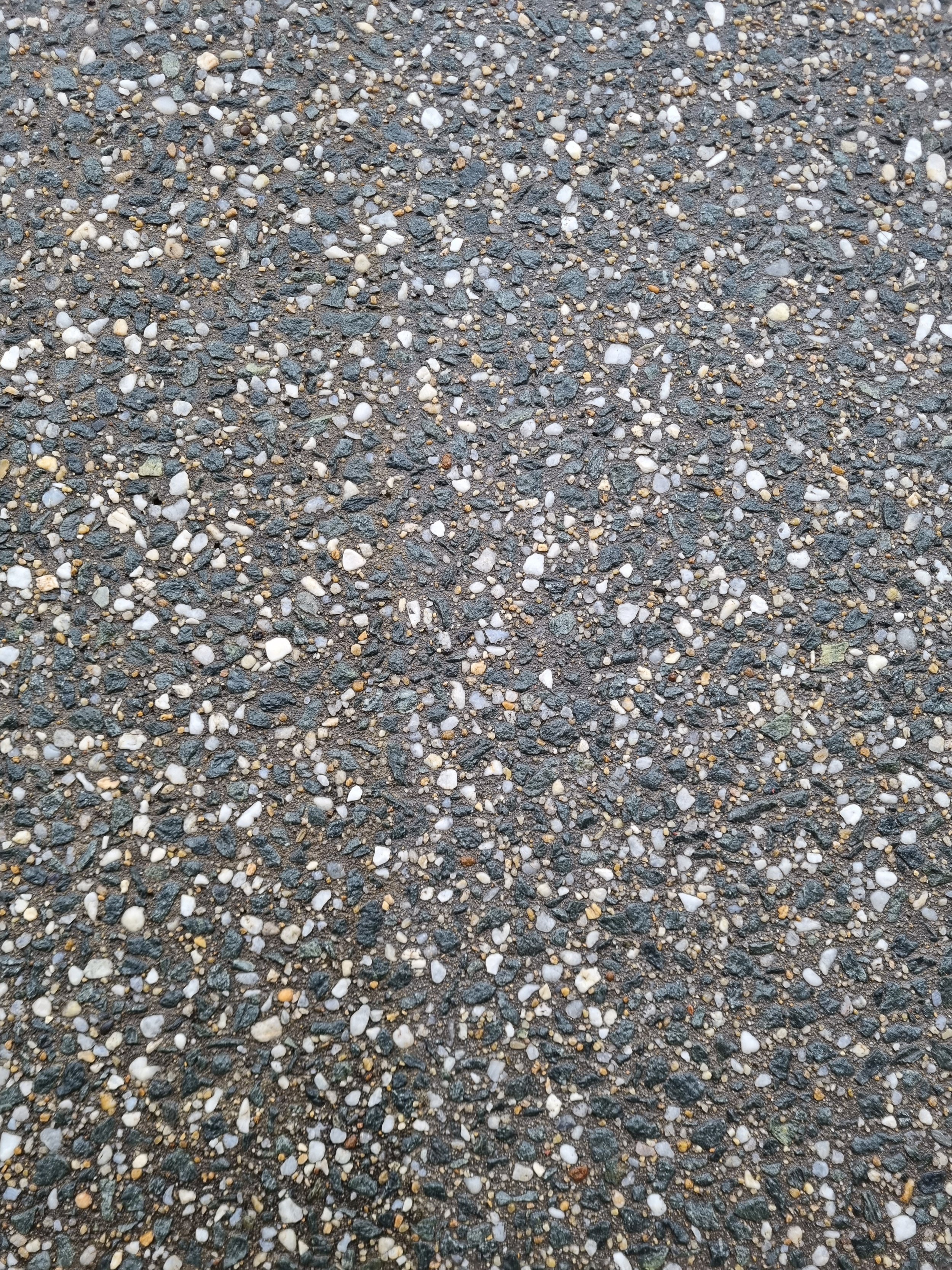 Close-up of a gravel and small stone pathway with black, white, and tan pebbles.