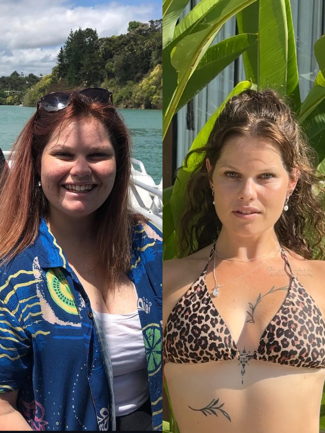 Side-by-side photos of a woman, on the left smiling outdoors on a boat with water and trees in the background, on the right outdoors among large green leaves with a serious expression wearing a leopard print bikini.