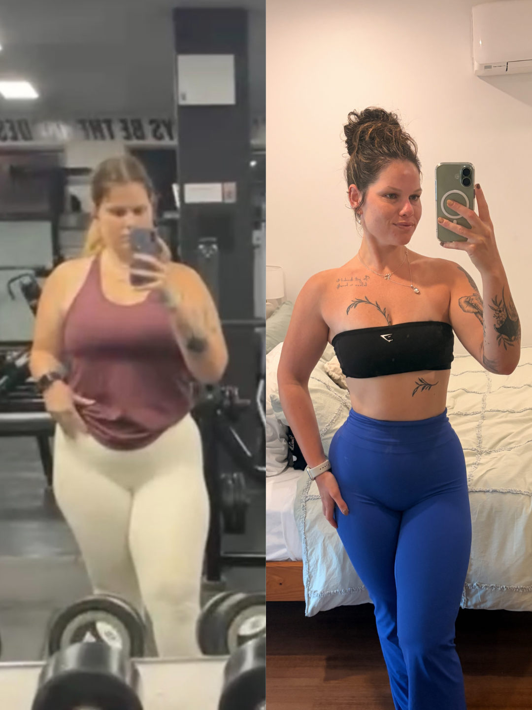 Side-by-side comparison of a woman before and after a fitness transformation. The left side shows the woman in a gym, wearing a maroon tank top and beige leggings, taking a mirror selfie with gym equipment and weights in the background. The right side shows her in a bedroom, wearing a black strapless top and bright blue high-waisted pants, with tattoos on her arms and chest, taking a selfie with a phone in front of a white wall and bed.