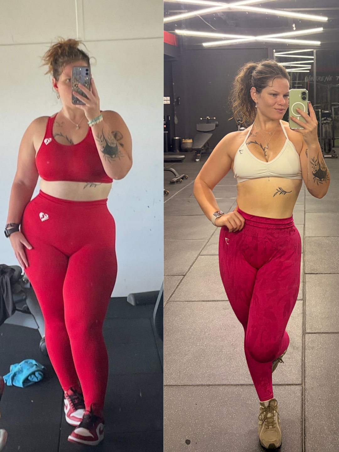 Side-by-side comparison of a woman taking mirror selfies in a gym, showing her fitness transformation. In the before photo, she is wearing a red sports bra and matching red leggings. In the after photo, she is in a white sports bra and red patterned leggings, standing confidently with one hand on her hip in a gym setting.