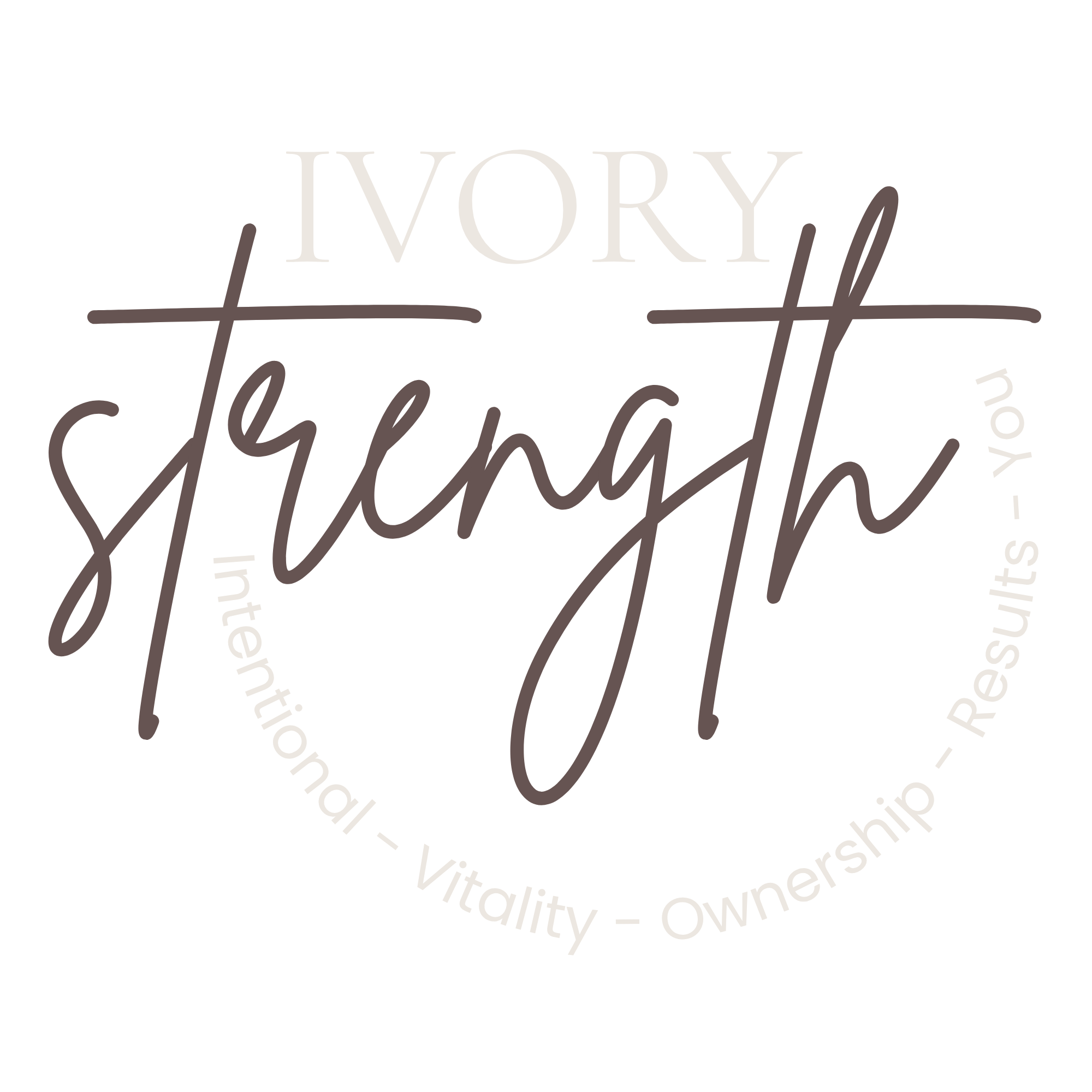 Stylized text featuring the word 'IVORY' written in large white font, with words like 'Fitness,' 'Personal,' 'Results,' 'ownership,' and 'vitality' in smaller, curved letters around it, on a black background.