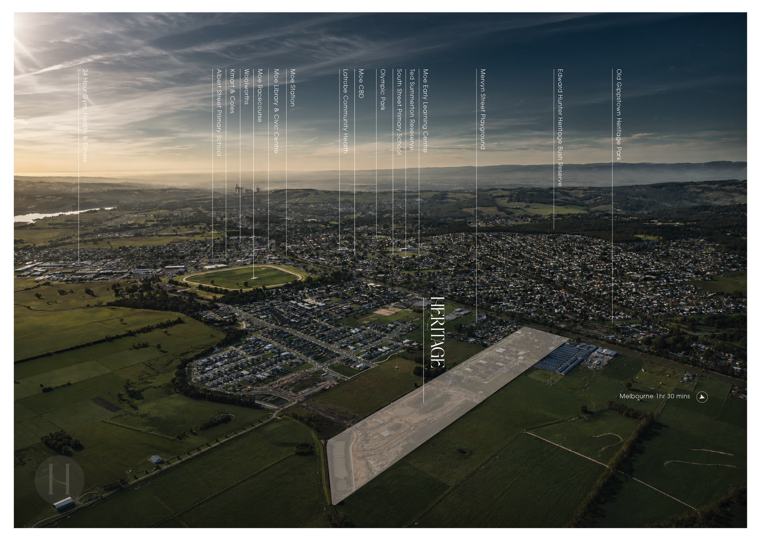 Aerial view of a suburban area with roads, houses, and green fields under a partly cloudy sky. An overlay with locations and travel time to Melbourne is visible.