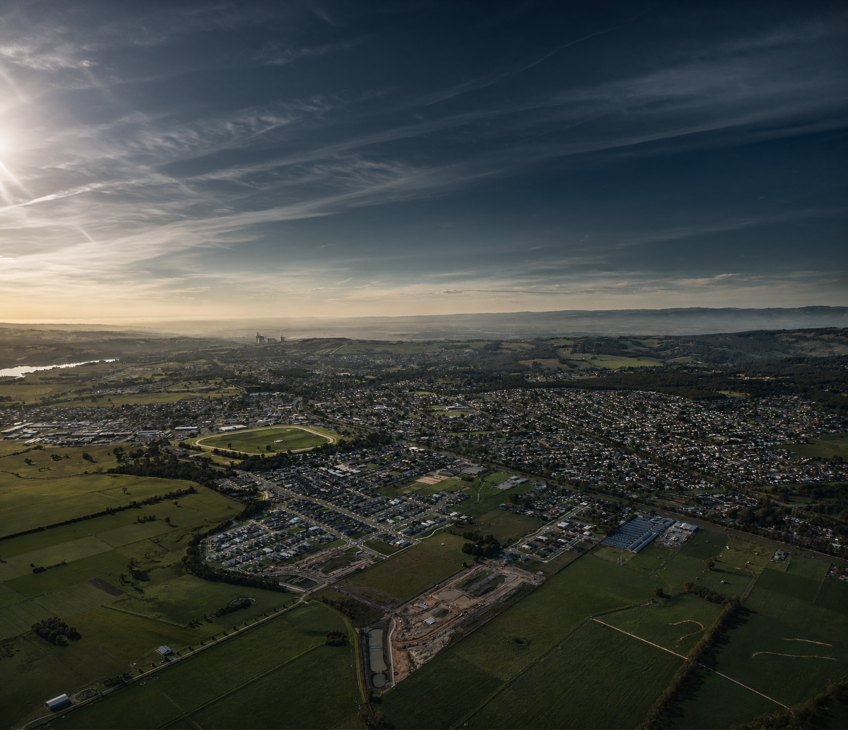 Aerial view of a landscape with a village, fields, a river, and a cloudy sky during sunset or sunrise.
