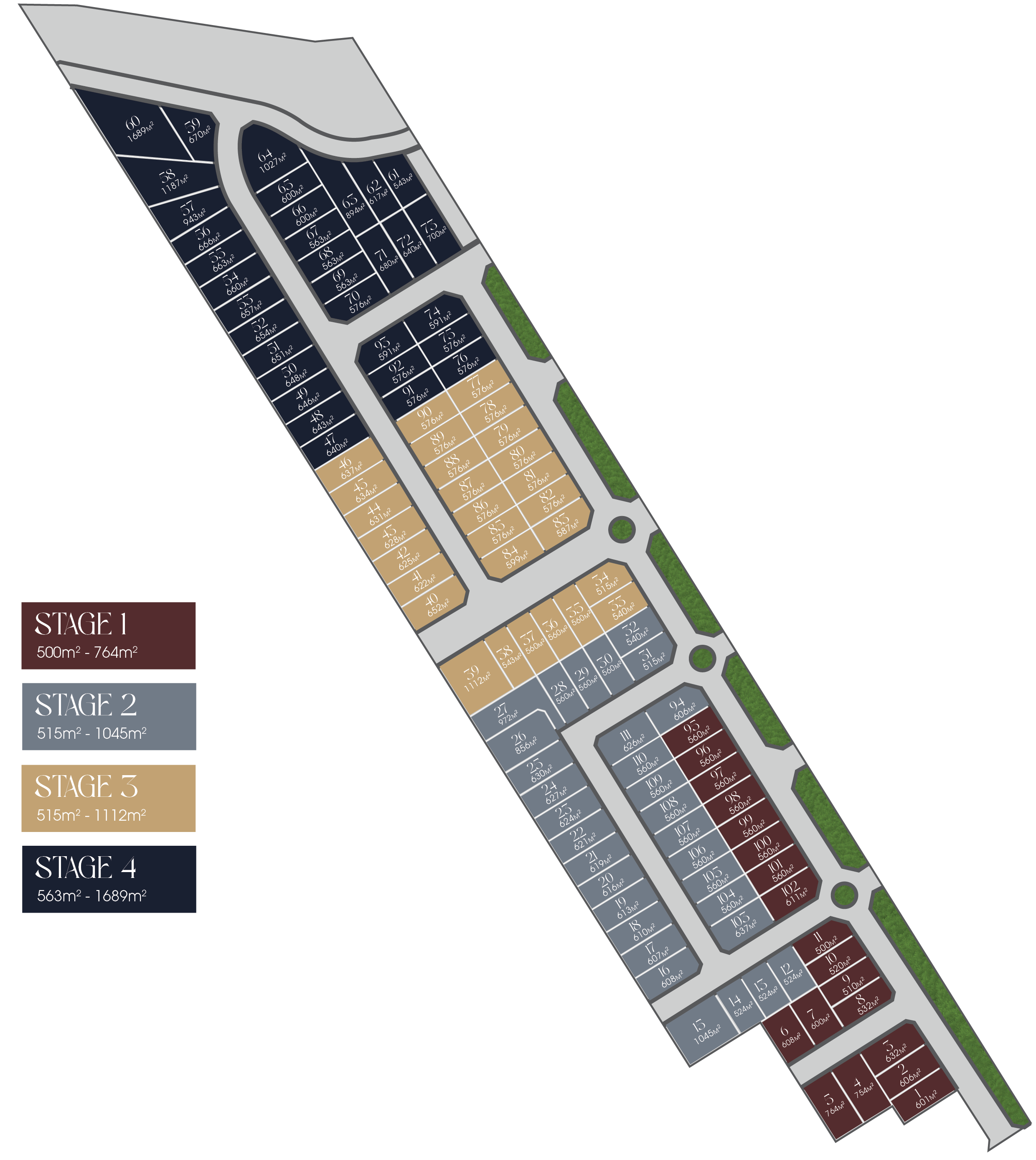 A detailed site map layout with color-coded sections indicating different stages of development, each stage labeled with size ranges in square meters, and numbered plots within each stage. A compass icon points north.