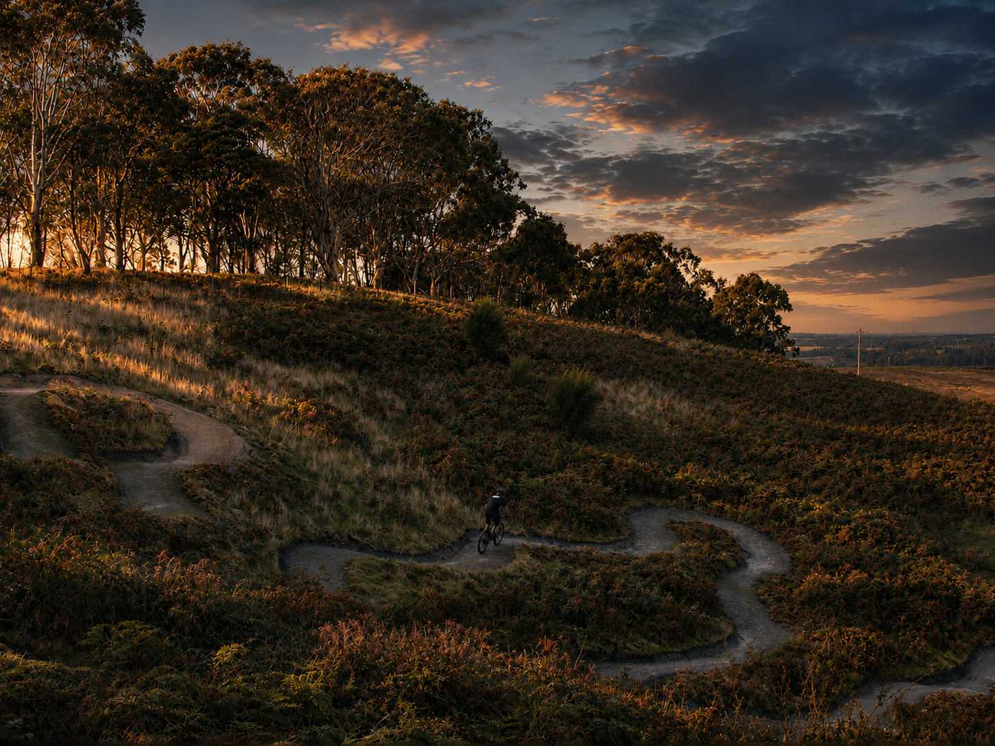 A person riding a mountain bike down a winding trail through a hilly landscape at sunset, with tall trees and a partly cloudy sky in the background.