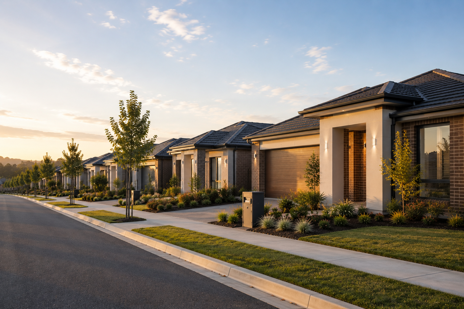 A row of modern suburban houses at sunset, with well-maintained lawns, small trees, and sidewalk.