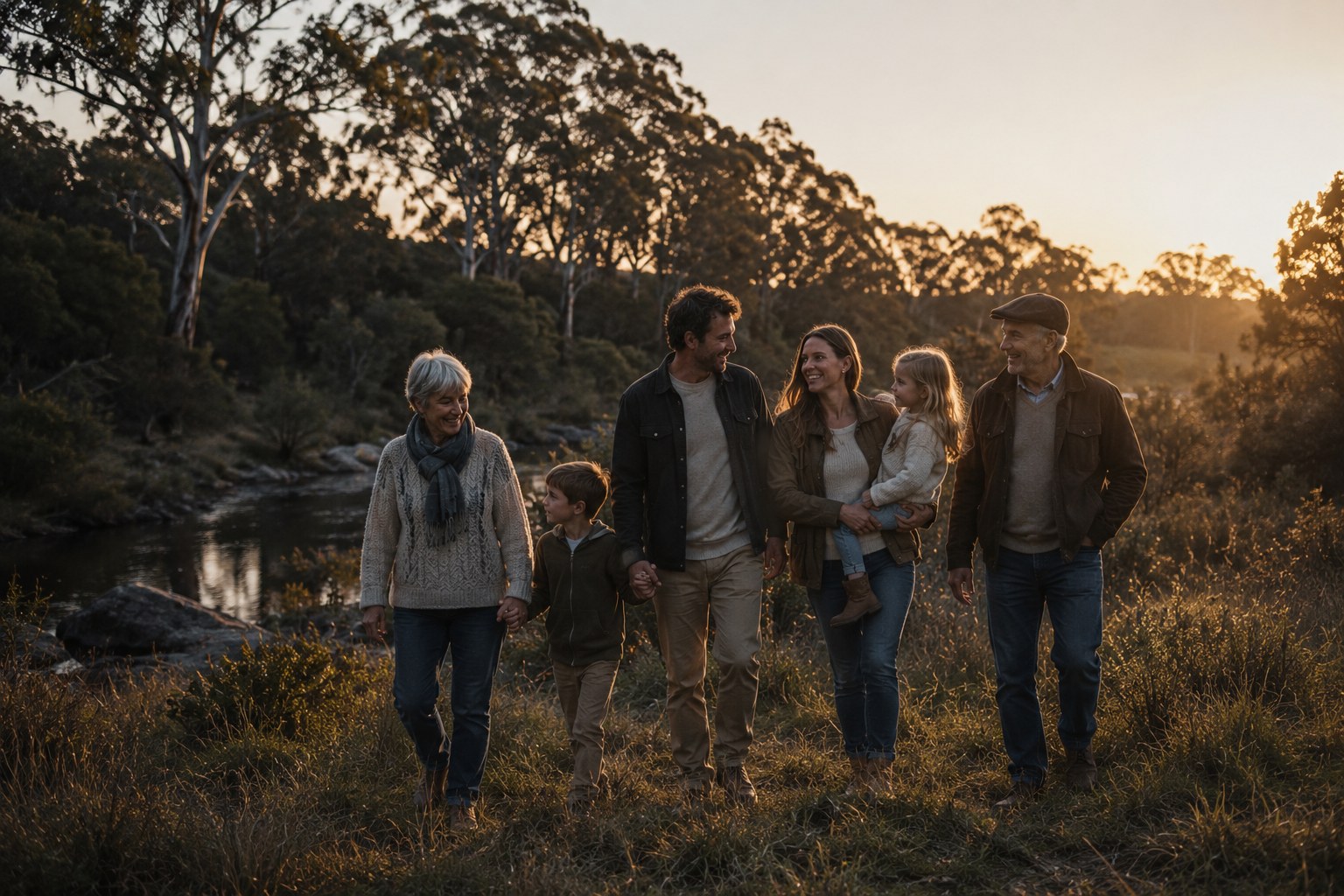 Family of six walking outdoors during sunset near a river, smiling and holding hands, surrounded by trees and grass.