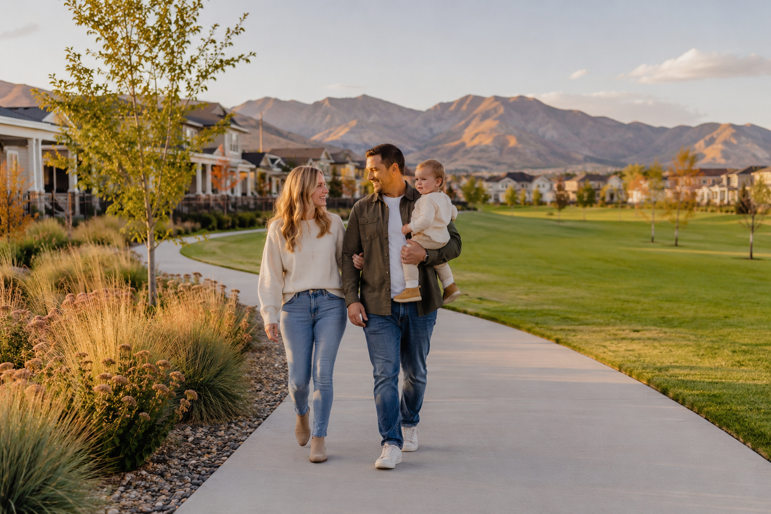 Family walking on a trail in South Jordan Utah with mountain views.