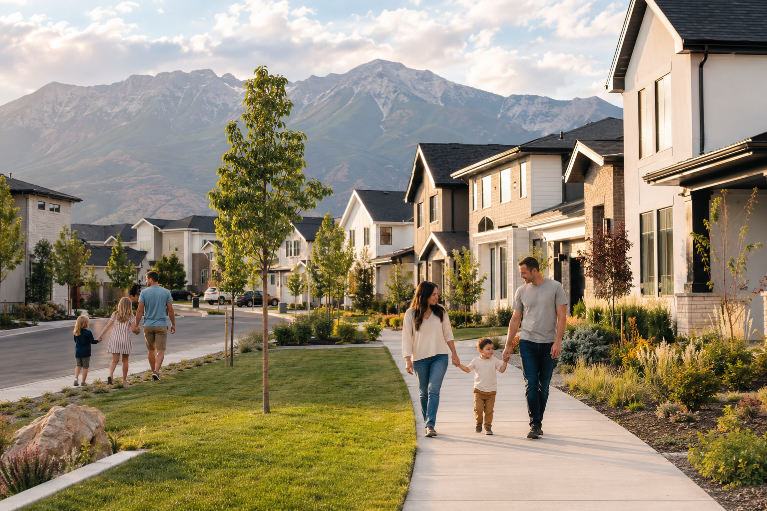 Lehi Utah neighborhood with newer homes sidewalks and mountain views.