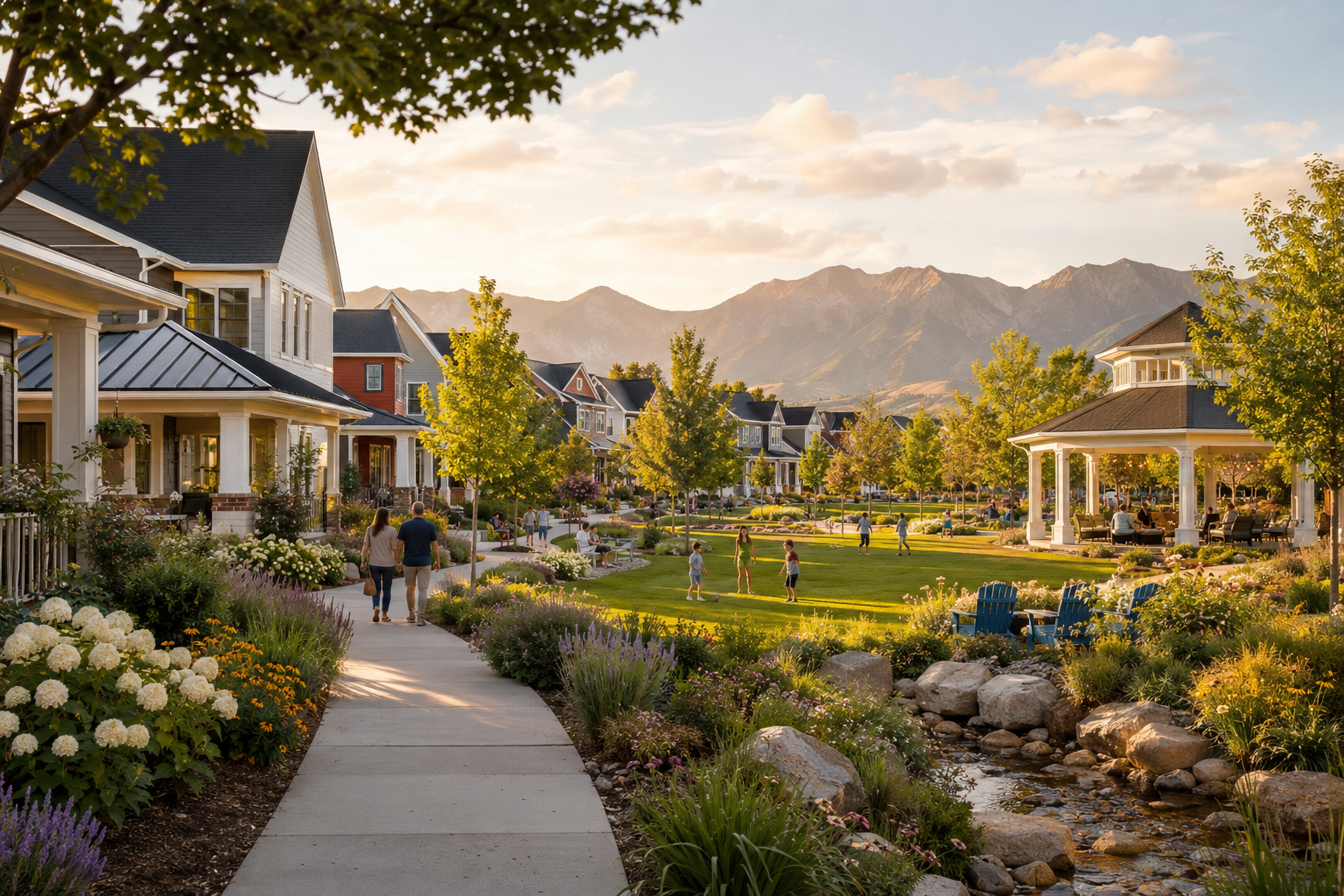 Daybreak South Jordan Utah neighborhood lifestyle with homes sidewalks and mountain views