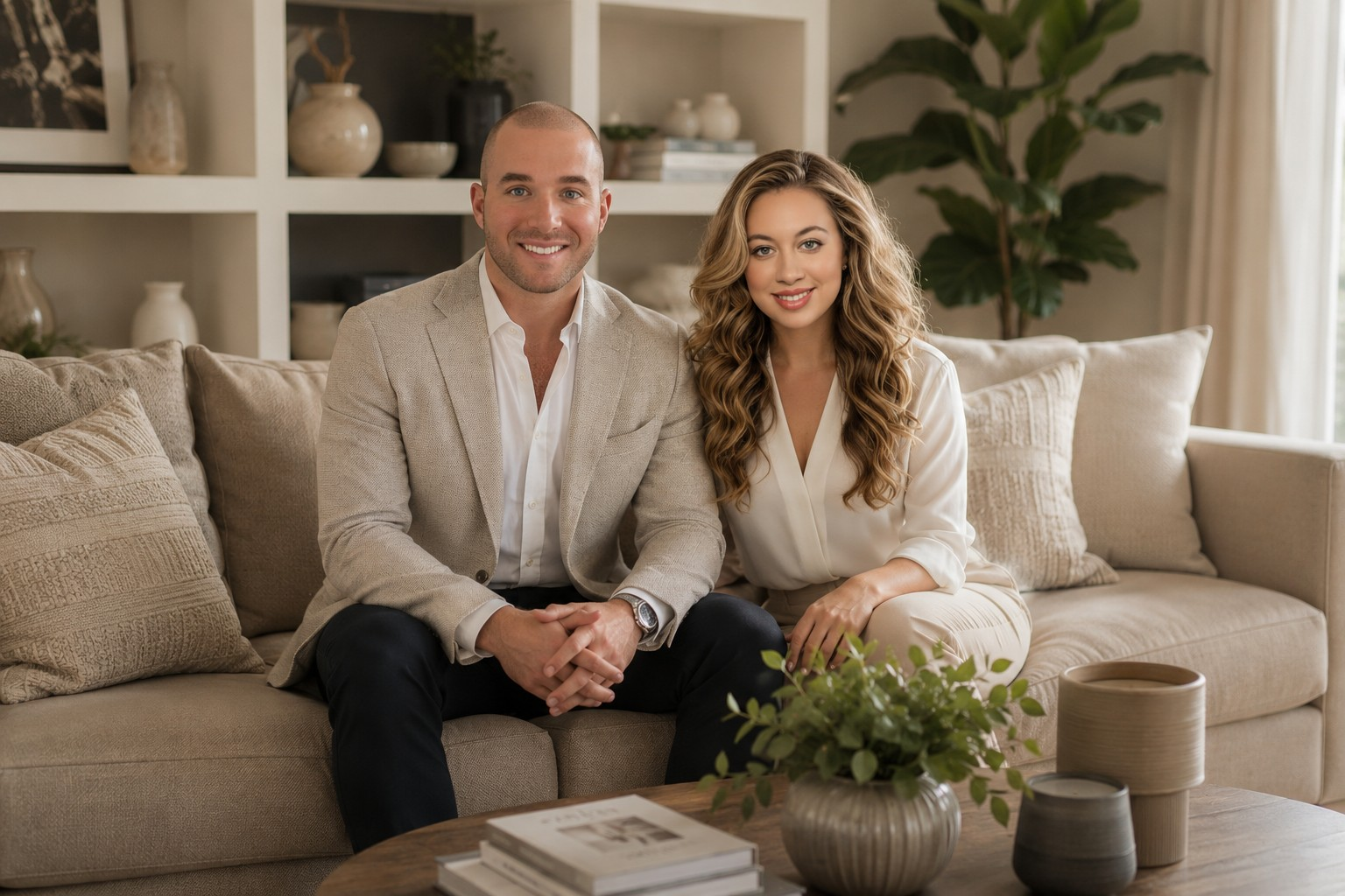A smiling man and woman sit close together on a beige sofa in a well-decorated living room, with decorative pillows, potted plants, and books visible in the background.