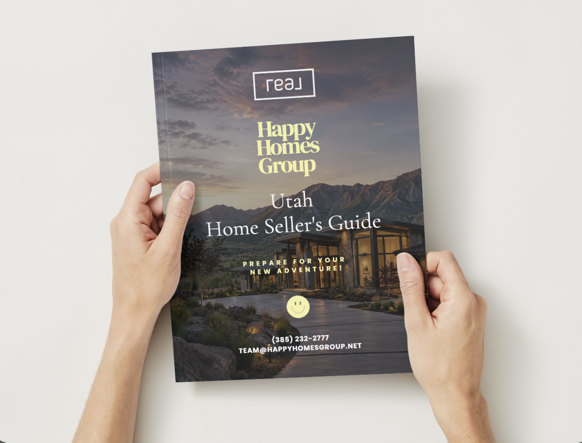 Brochure or guide titled 'Happy Homes Group Utah Home Seller's Guide' with a background of a modern house and mountain landscape at dusk, featuring contact information and a smiley face icon.