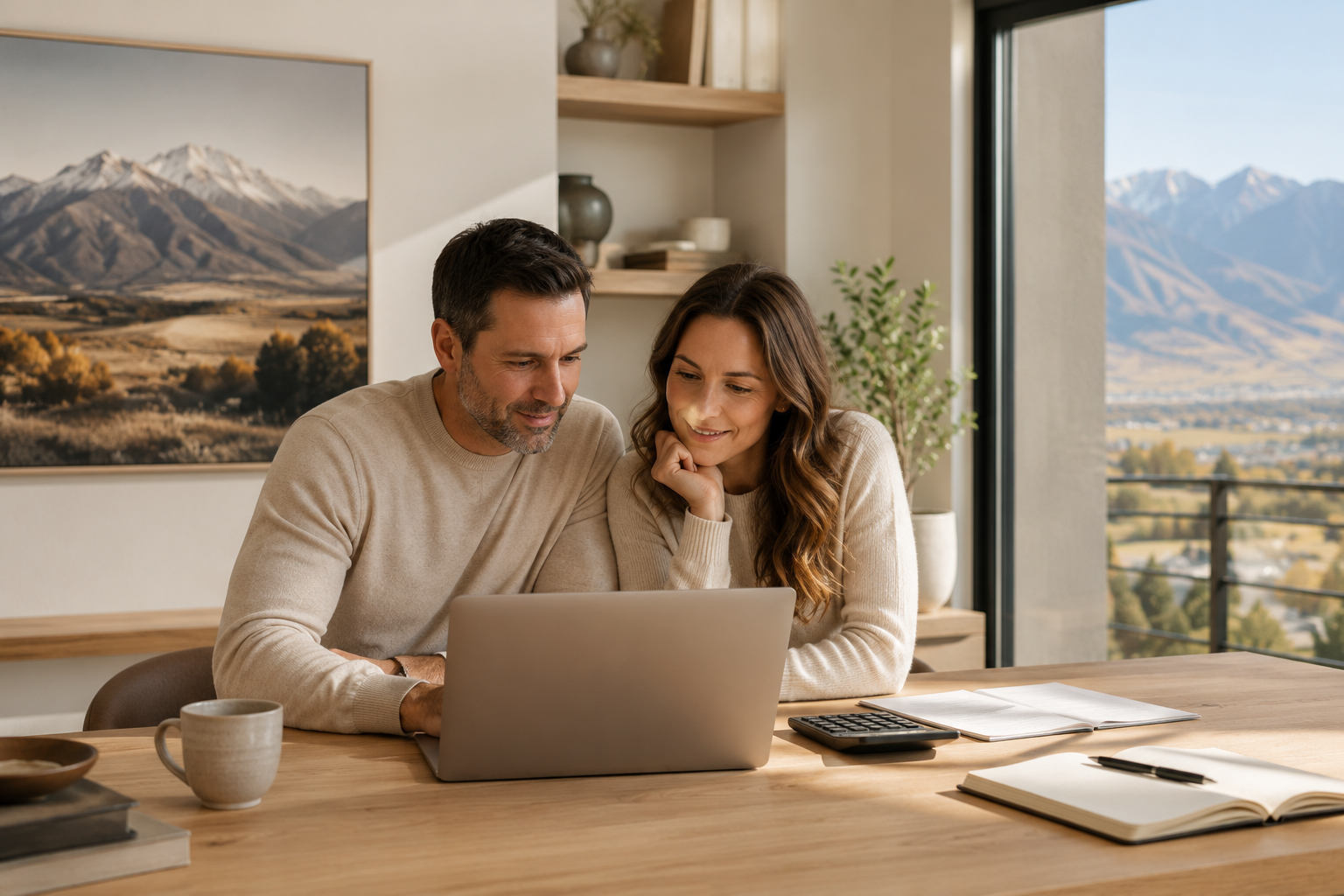 Utah homeowners reviewing numbers before moving up to their next home.