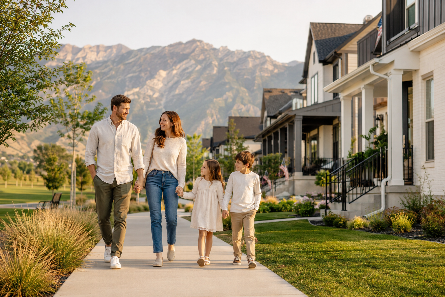 Family walking through a South Jordan and Daybreak Utah neighborhood with mountain views.