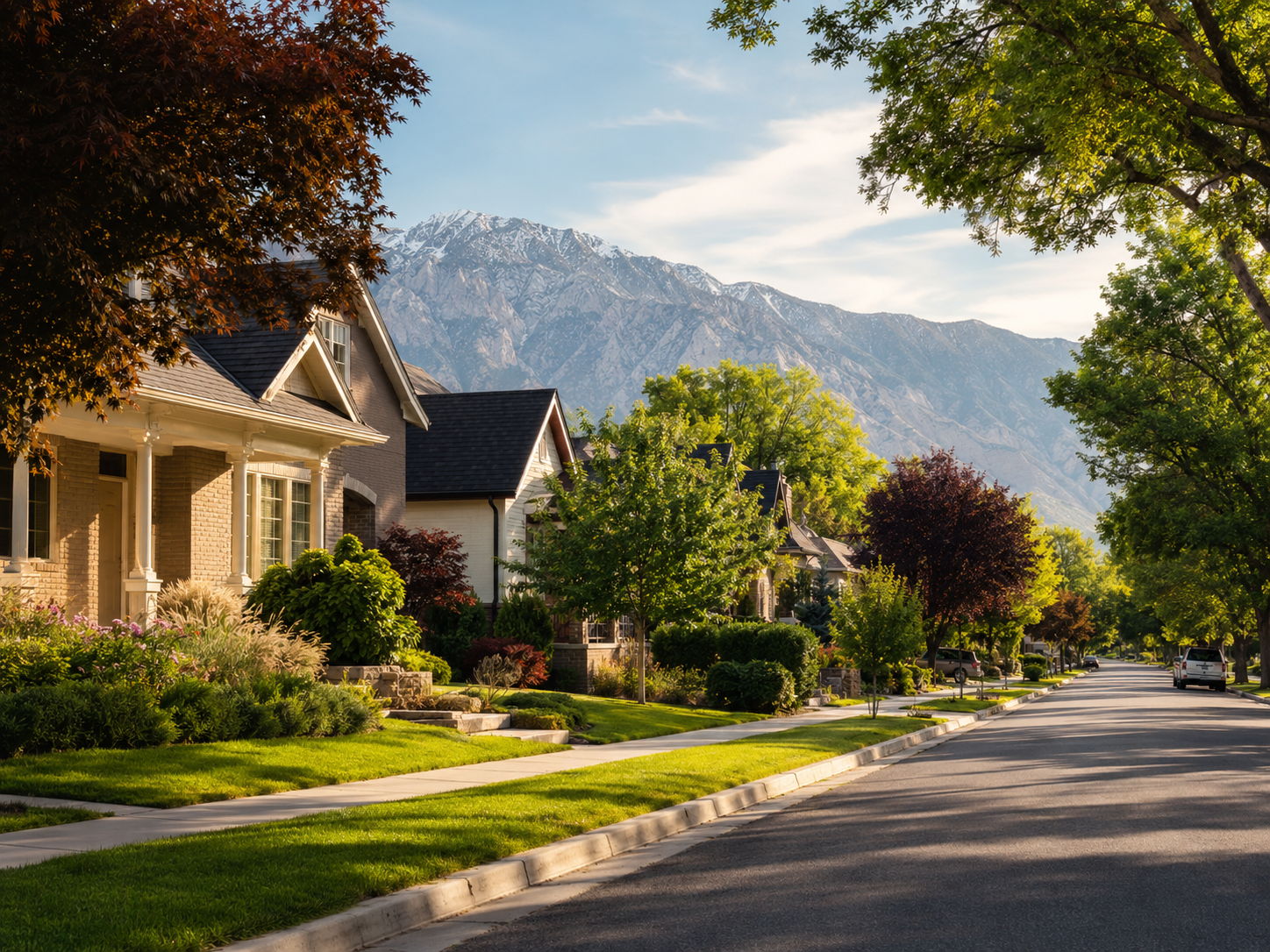 Central Lehi Utah established neighborhood with homes and mature landscaping.