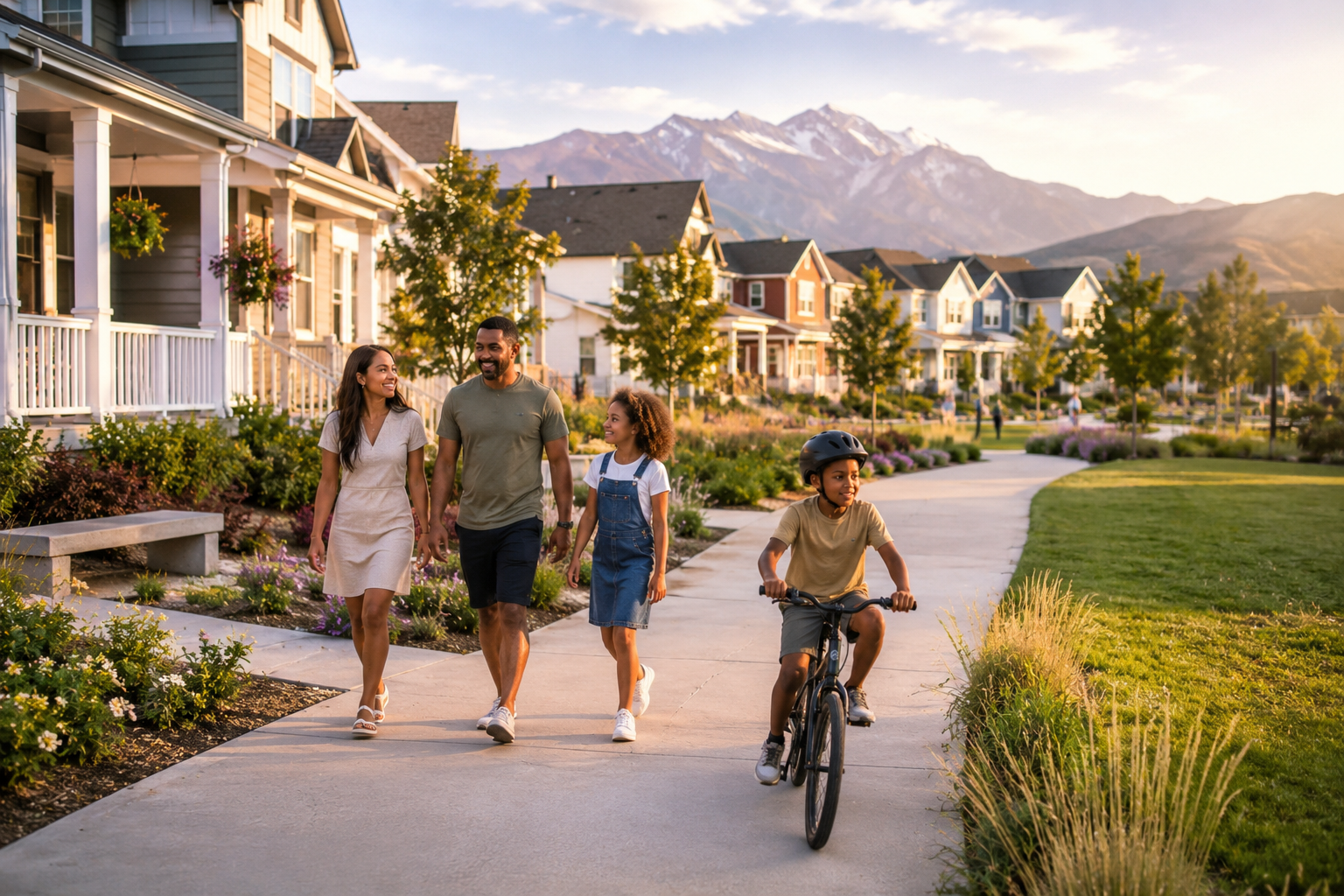 Family walking on trails in Daybreak South Jordan Utah.