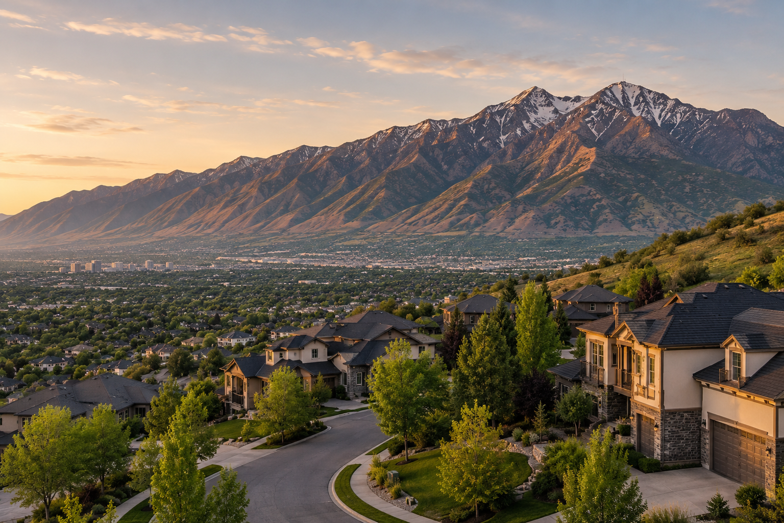 A suburban neighborhood with houses and green trees, with a mountain range in the background during sunset.