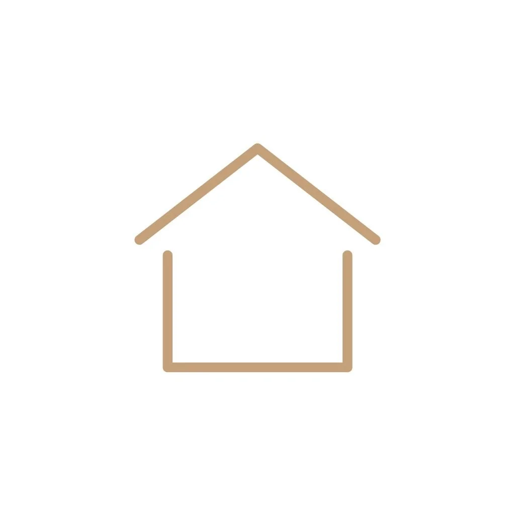 Simple line drawing of a house with a triangular roof and rectangular body.