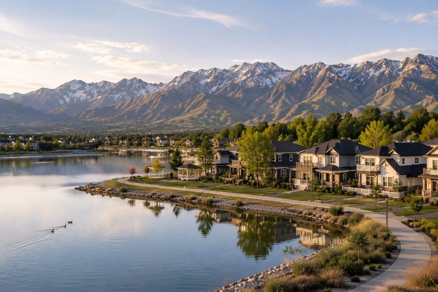 A peaceful lakeside neighborhood with houses, trees, and a walking path with mountains in the background.