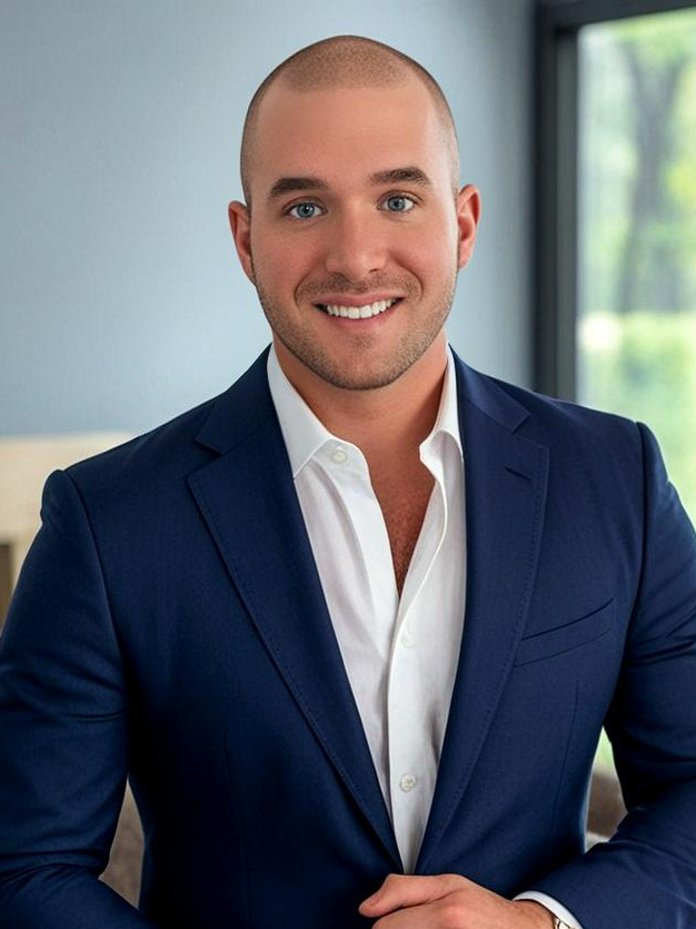 A smiling young man with a shaved head and blue eyes, wearing a navy suit and white dress shirt, standing indoors with a window showing greenery outside.