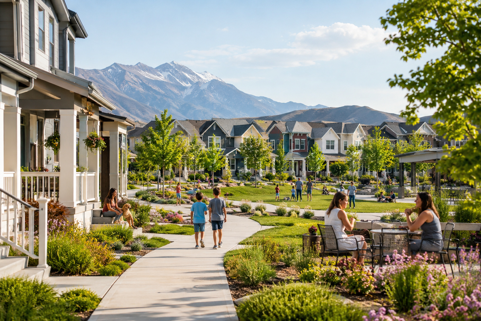Daybreak South Jordan neighborhood with homes sidewalks and mountain views.