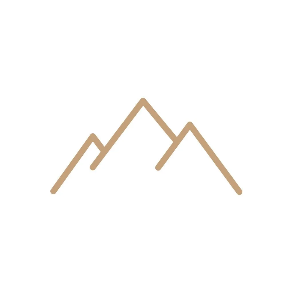 Minimalist drawing of mountain peaks with brown lines on a white background.