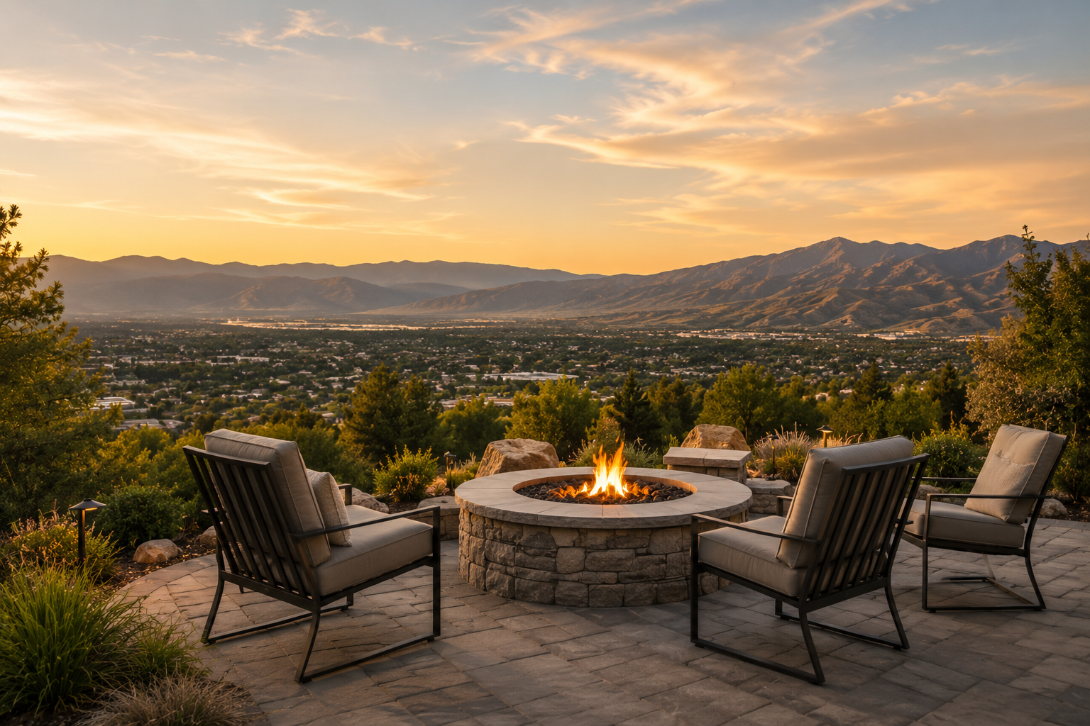 Outdoor patio with a fire pit and four chairs overlooking a mountain landscape at sunset.