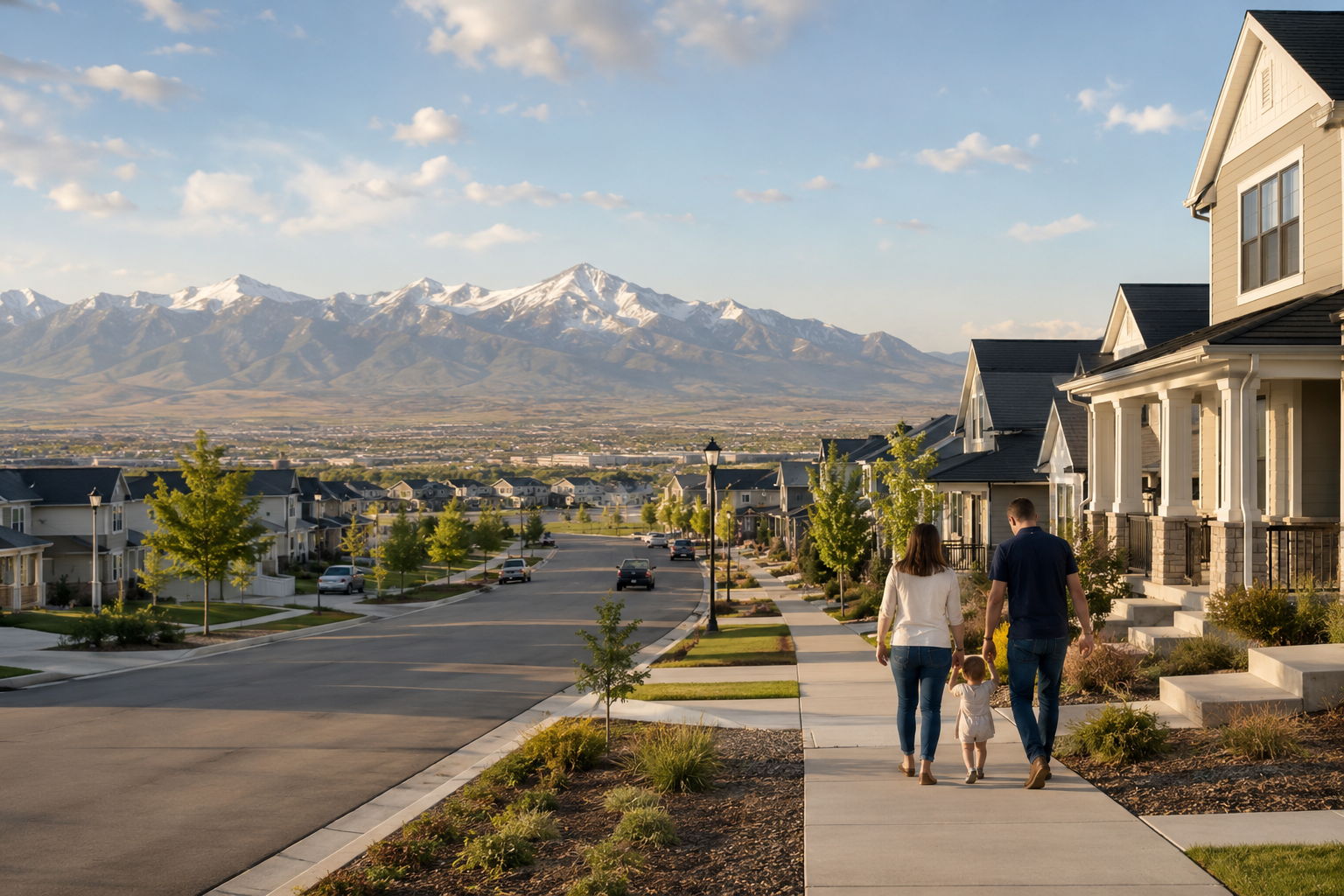 Move-up buyers comparing neighborhoods in Lehi Utah with mountain views.