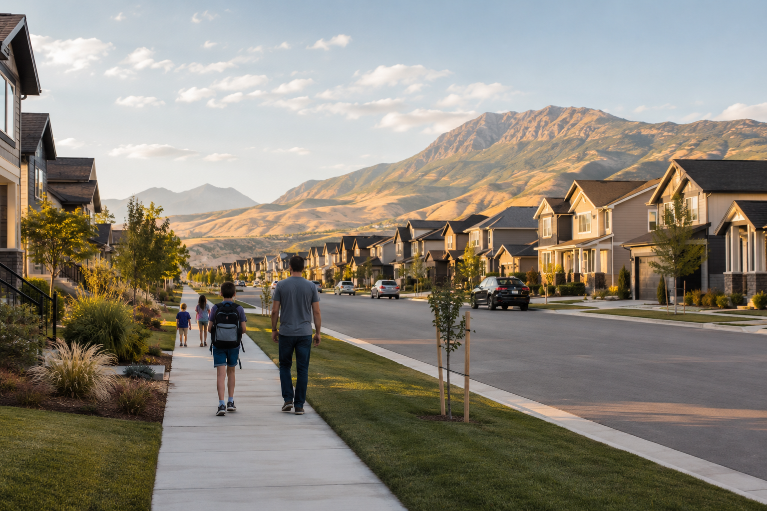 Growing suburban neighborhood in Lehi Utah with newer homes and mountain views.
