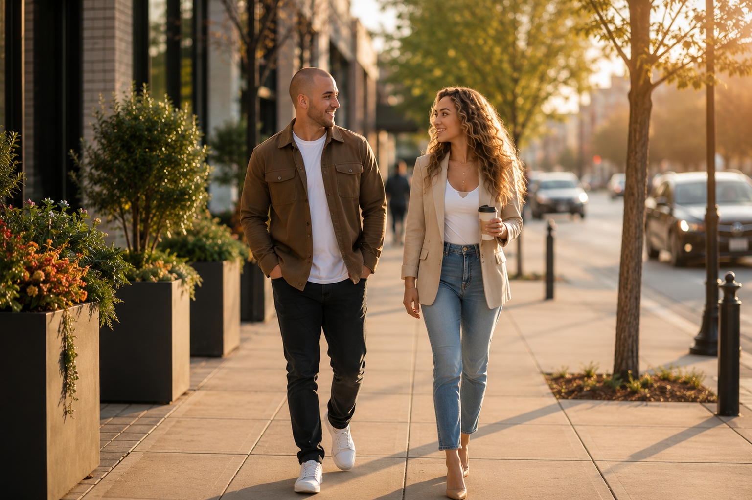A man and woman walking and having a conversation on a city sidewalk in the late afternoon, with trees and parked cars along the street.