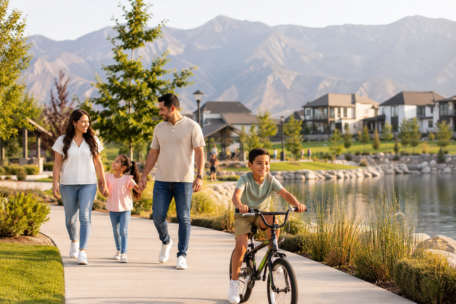 Family enjoying parks and trails in Daybreak South Jordan Utah.