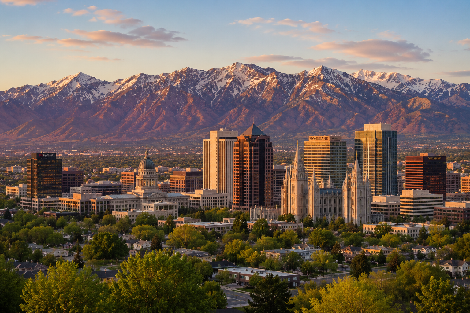 City skyline with tall buildings and a historic cathedral, with snow-capped mountains in the background during sunset.