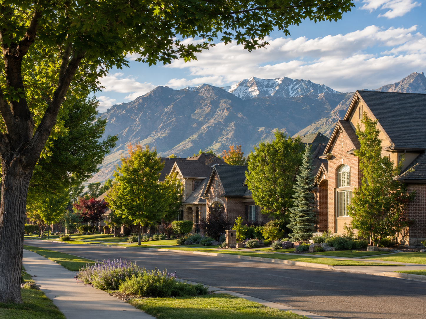 Draper Utah neighborhood with upscale homes mature trees and mountain views