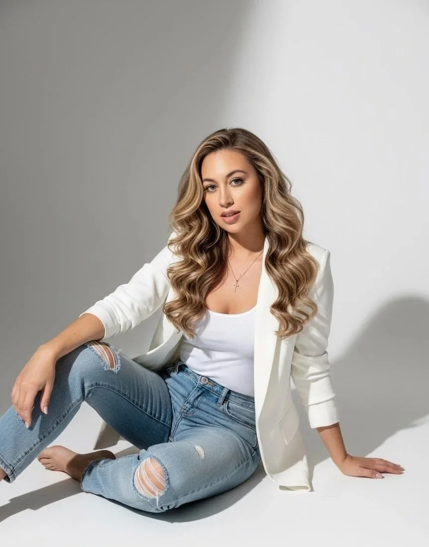 Woman with long wavy hair wearing a white blazer, white tank top, and ripped jeans, sitting on the floor against a gray background.