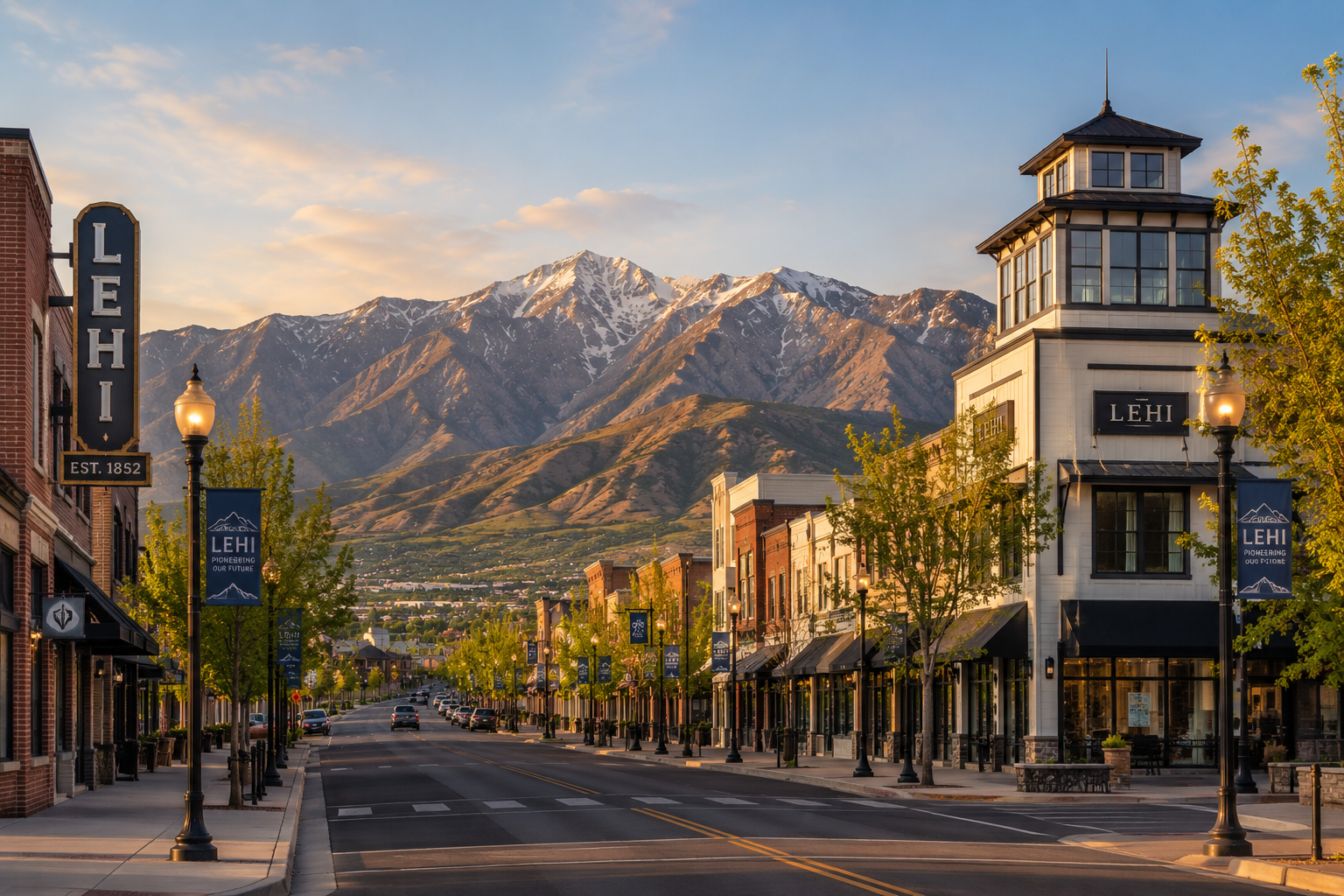A small town street scene in Lehi, Utah with shops and trees lining the sidewalk, set against a backdrop of snow-capped mountains during sunrise or sunset.