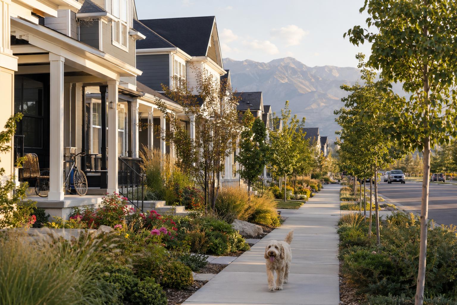 Daybreak Utah master-planned community with homes sidewalks and porches.