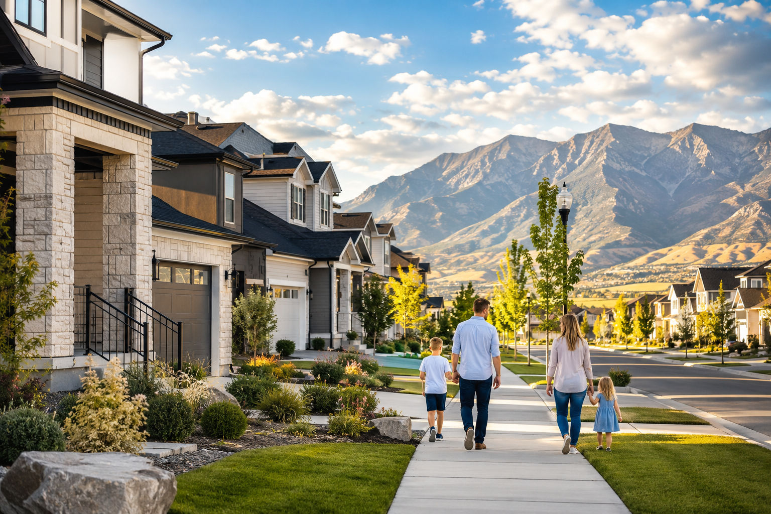 Lehi Utah move-up neighborhood with newer homes sidewalks and mountain views.