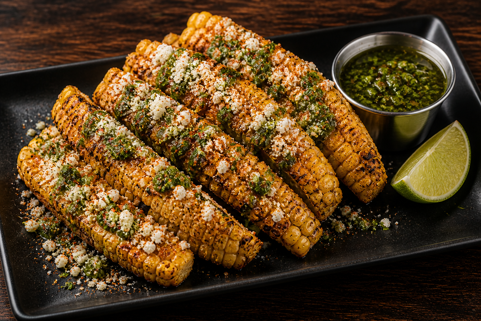 Grilled corn on the cob topped with cheese, herbs, and chili powder, served with a lime wedge and a side of green sauce.